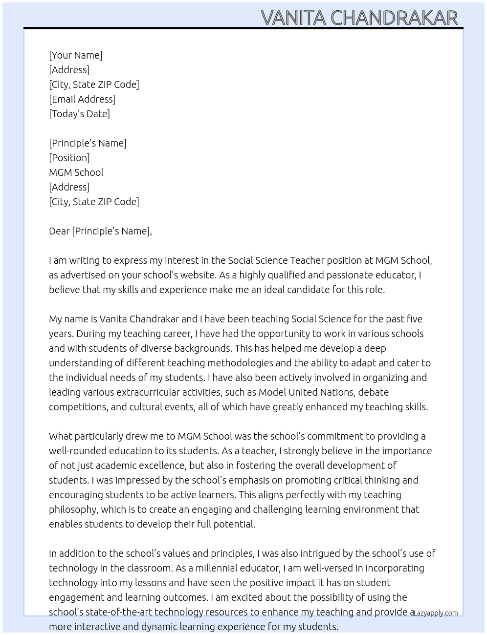 Social Science Teacher At MGM school Cover Letter