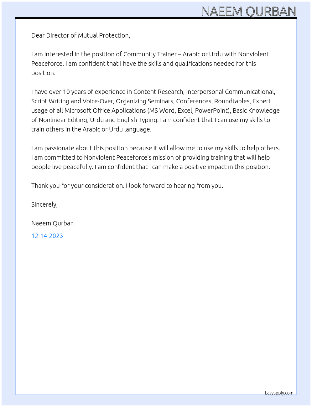  Community Trainer – Arabic or Urdu At Nonviolent Peaceforce Cover Letter