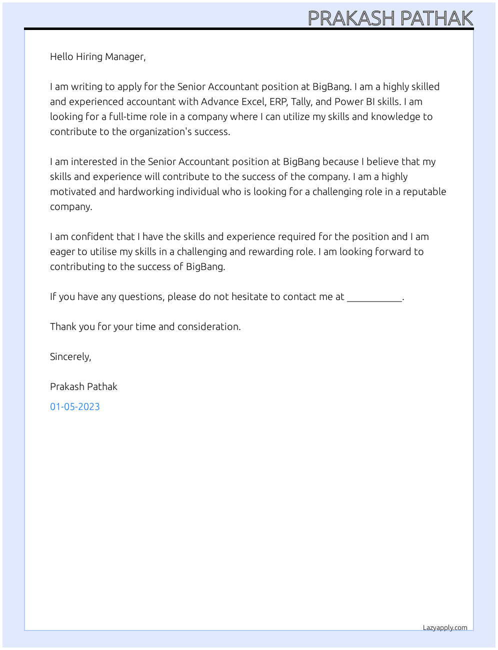 Senior Accountant At BigBang Cover Letter