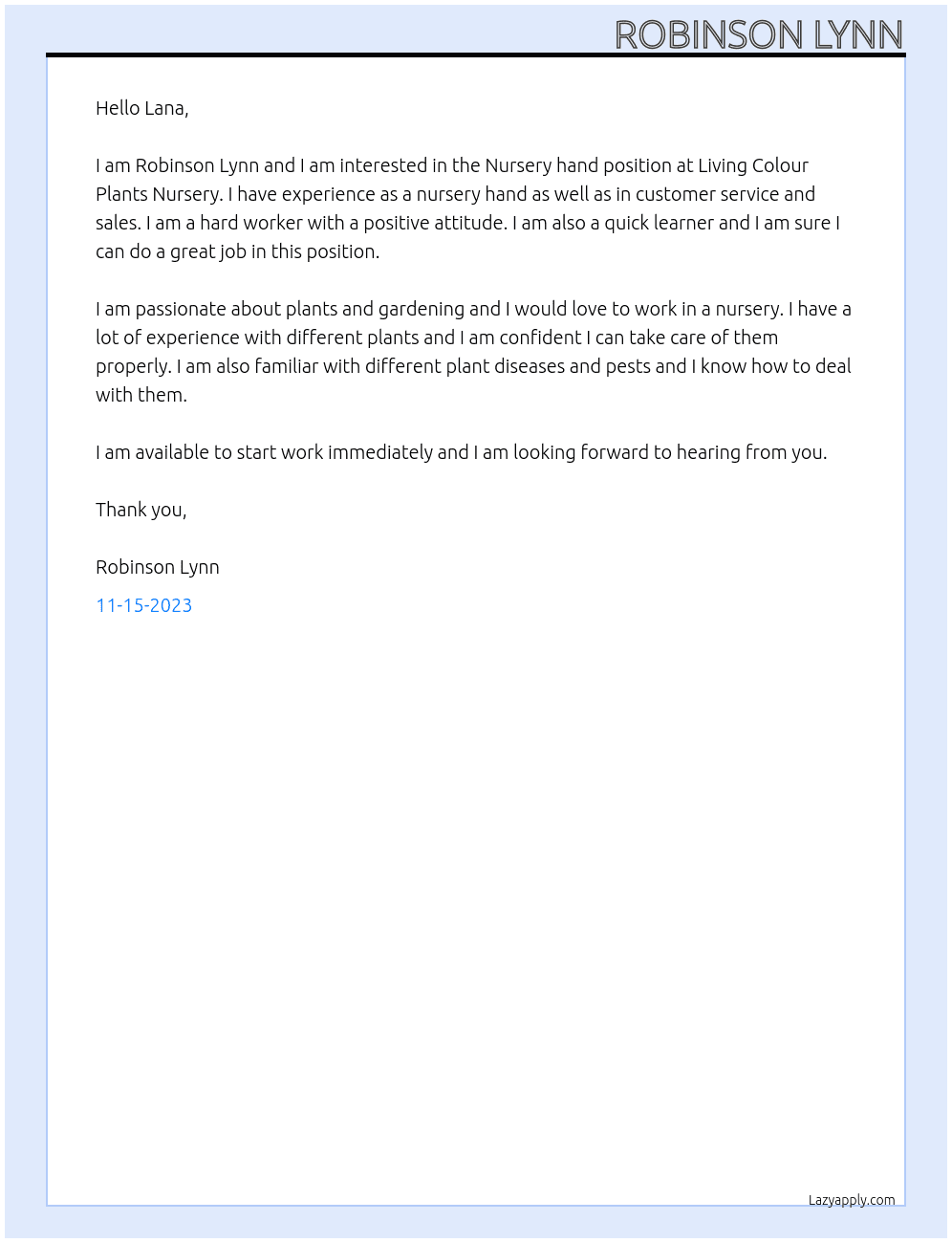 Cover letter for nursery hand - LazyApply