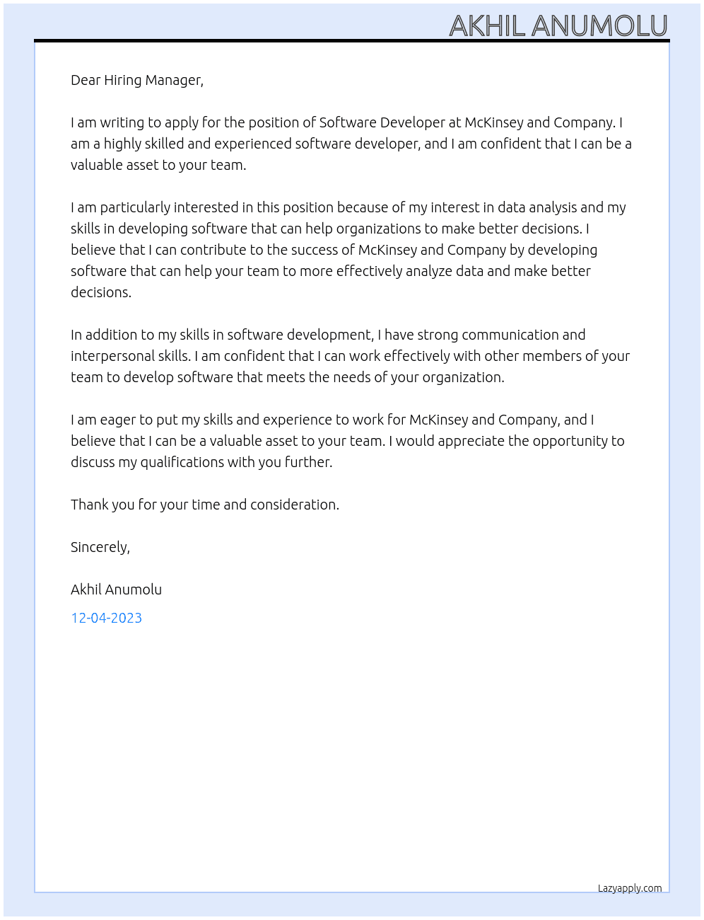 Software Developer At Mckinsey and company Cover Letter