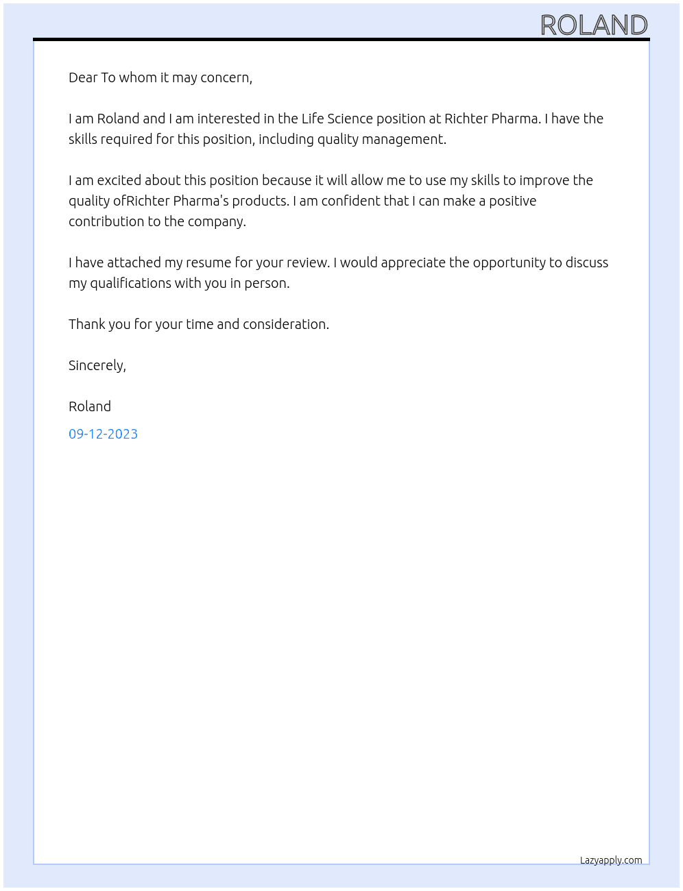 Life Science At Richter Pharma Cover Letter
