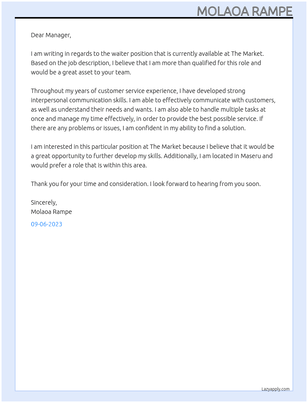Waiter At The Market Cover Letter