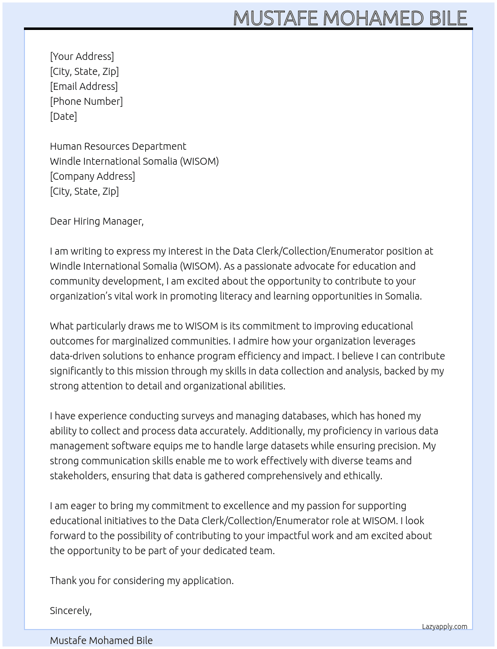 Cover letter for data clerk/collection/enumerators - LazyApply