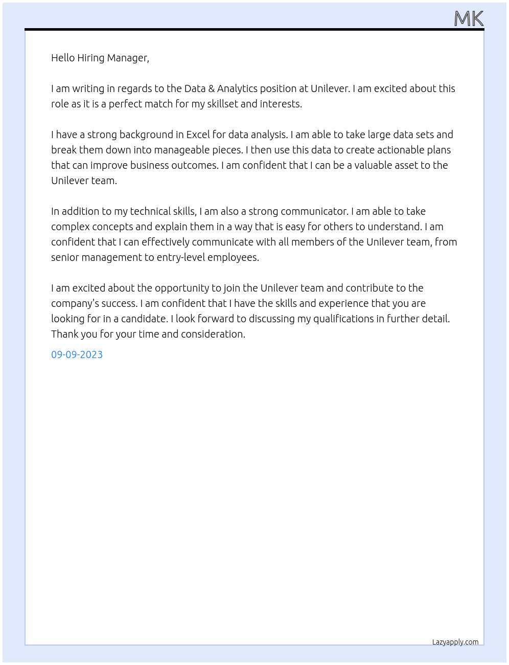 data & analytics At Unilever Cover Letter