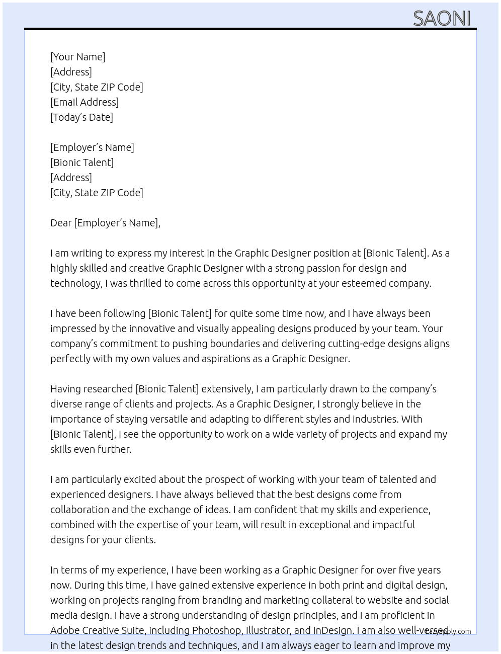 Graphic Designer At bionic talent Cover Letter