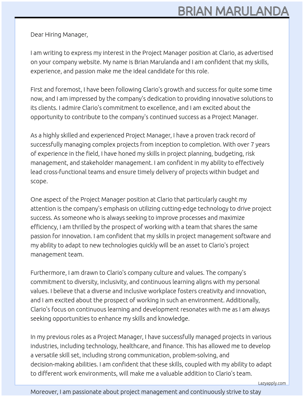 Project Manager At Clario Cover Letter