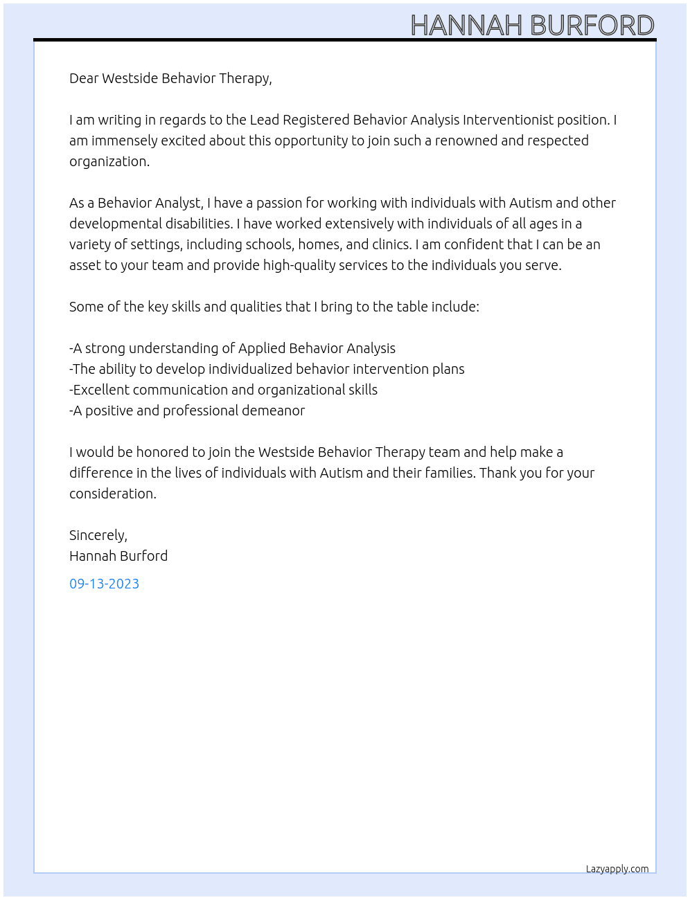 Lead Registered Behavior Analysis Interventionist  At Westside Behavior Therapy  Cover Letter