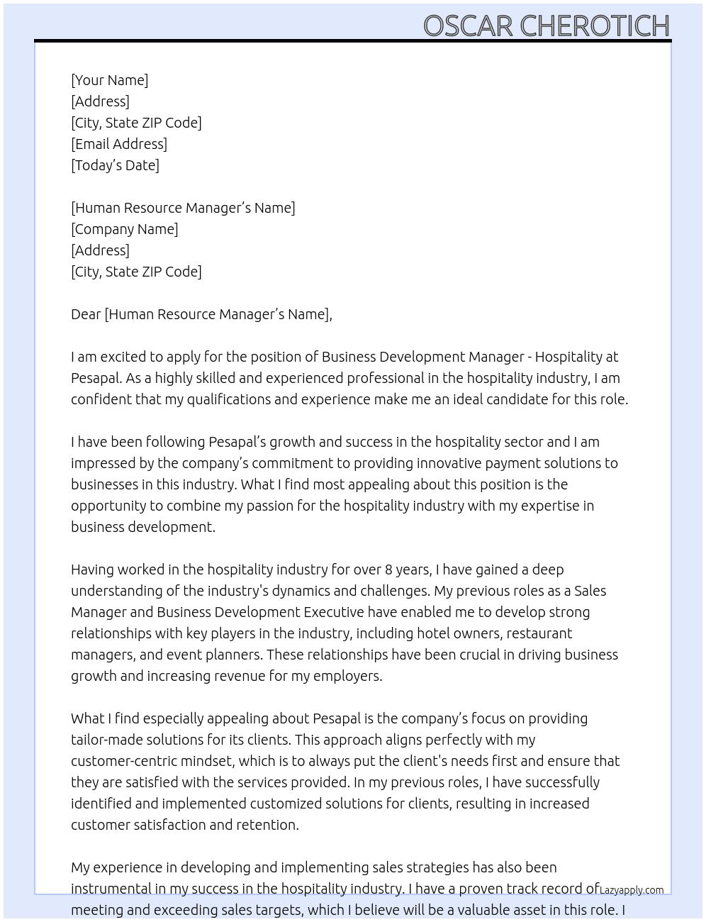 BUSINESS DEVELOPMENT MANAGER- HOSPITALITY” At Pesapal Cover Letter