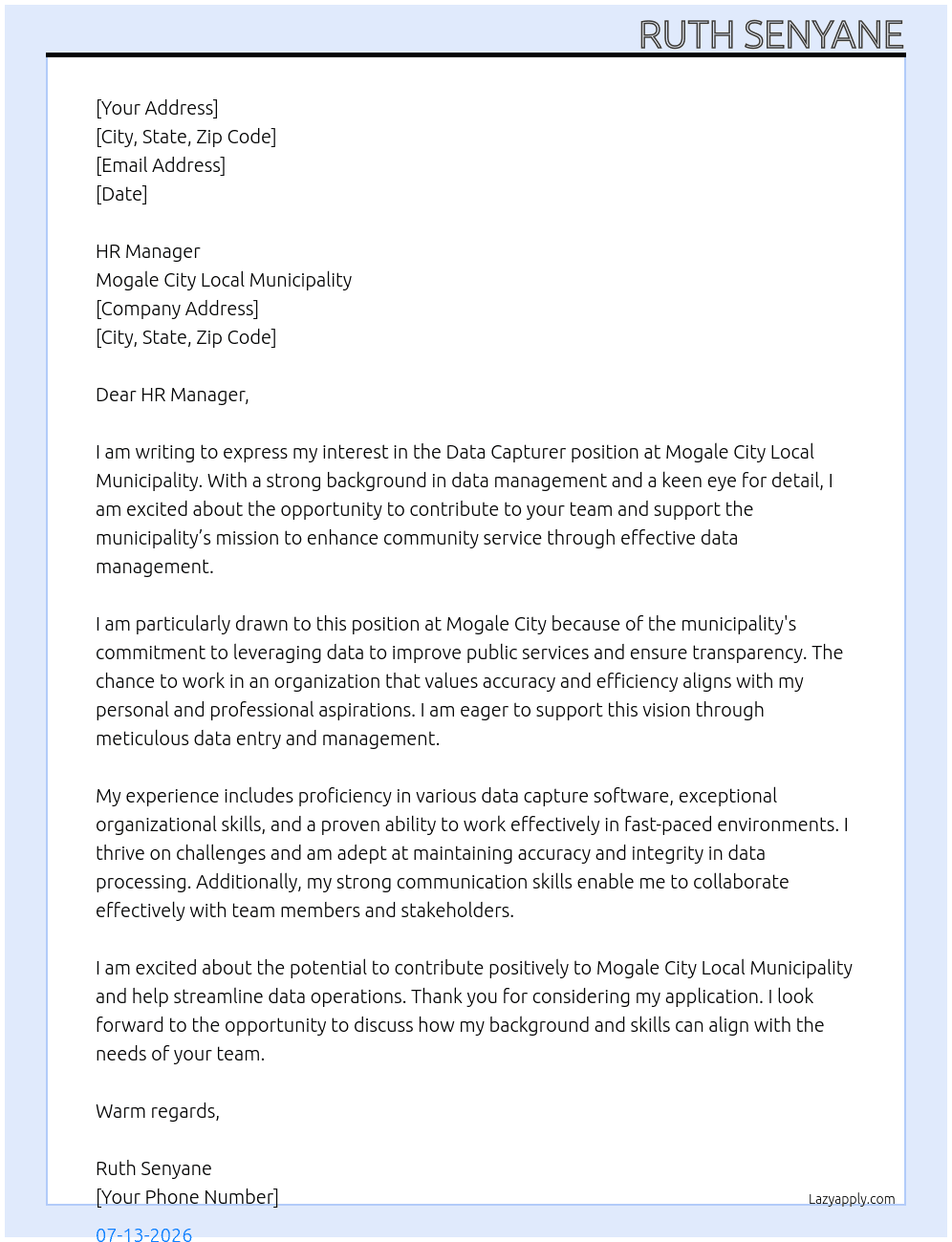 Data capturer  At Mogale city local municipality  Cover Letter