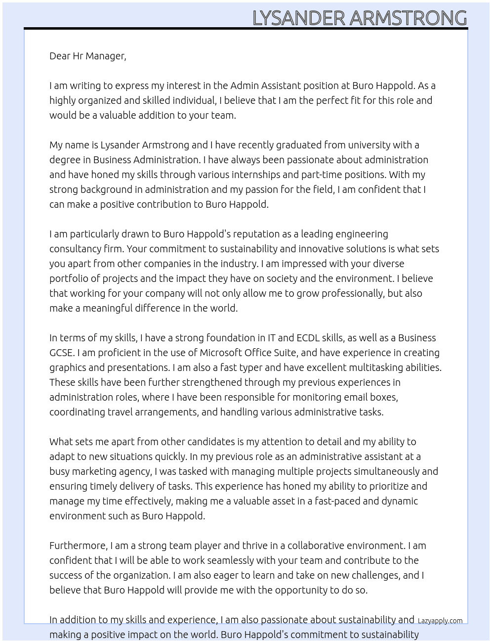 Admin Assistant  At Buro Happold Cover Letter