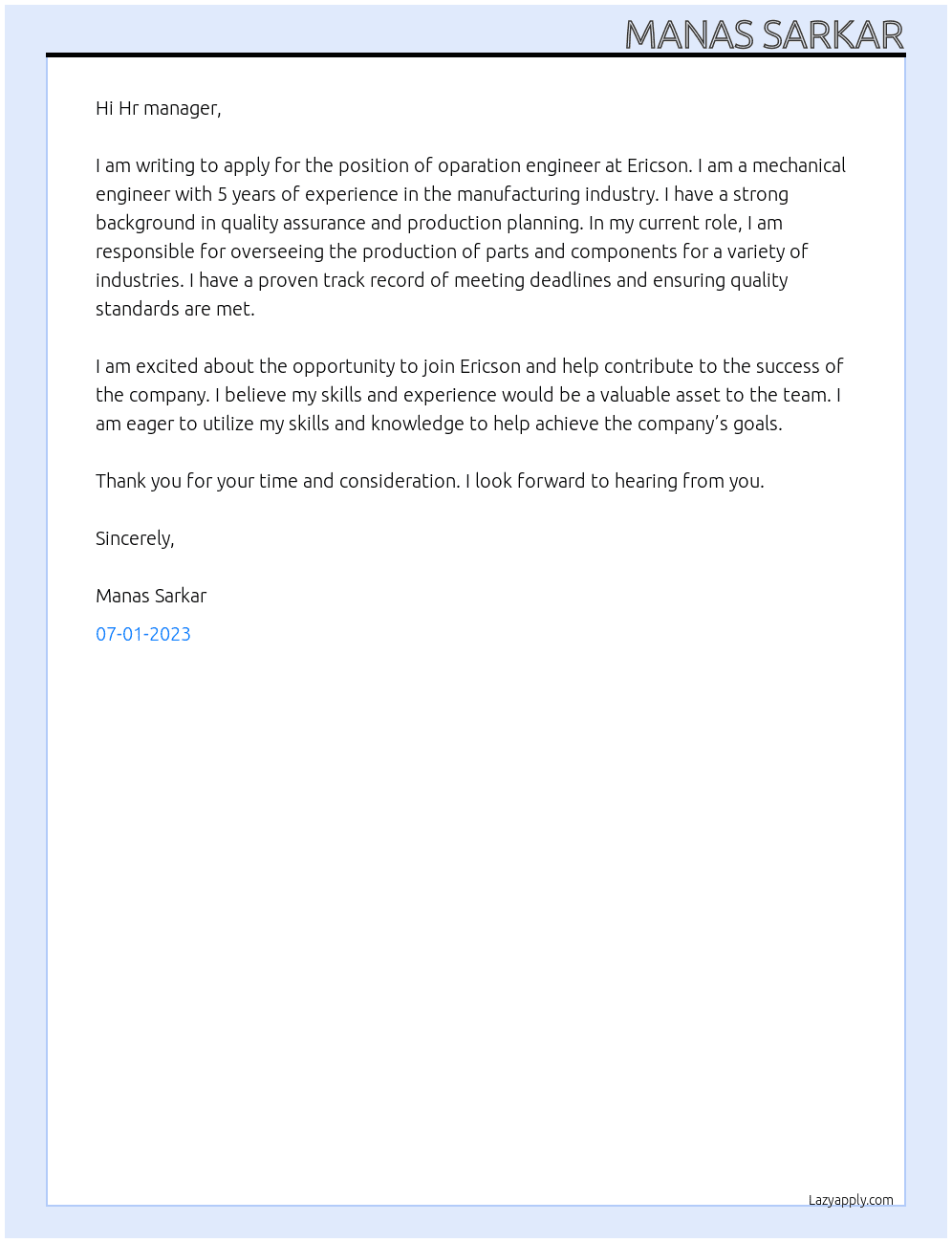 oparation engineer At Ericsion Cover Letter