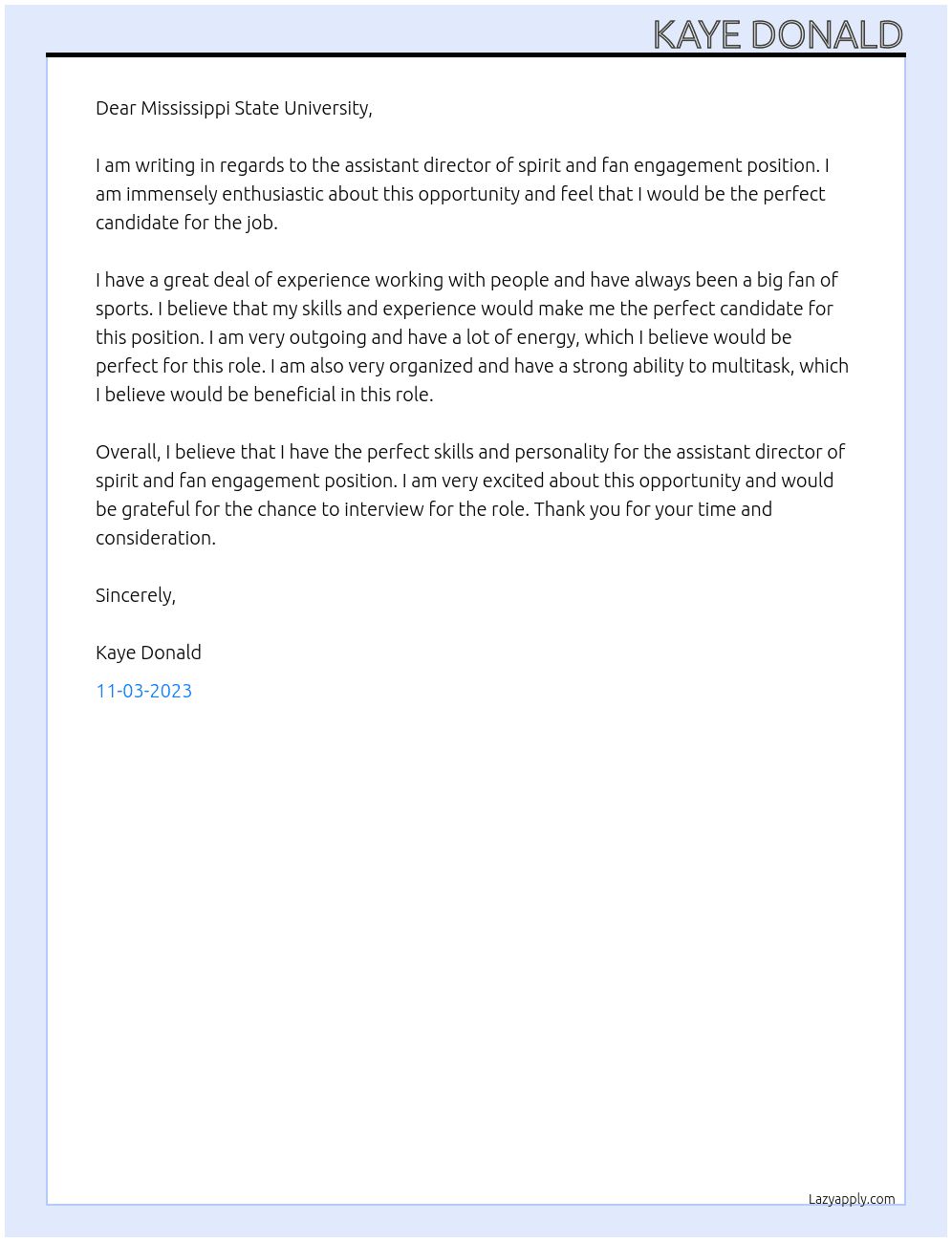 assistant director of spirit and fan engagement At Mississippi State University Cover Letter