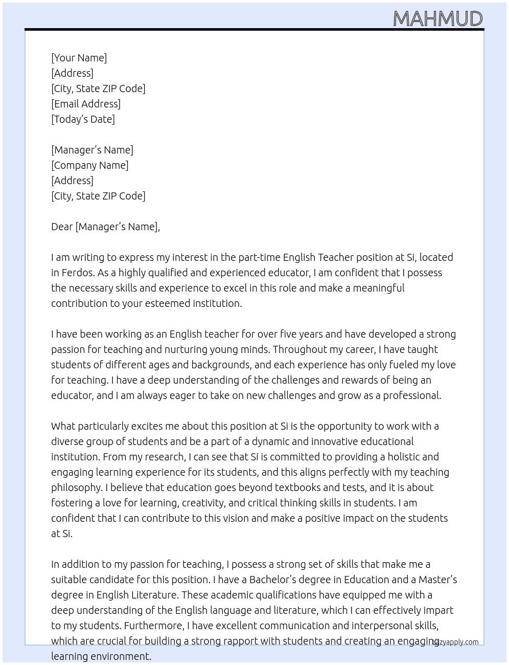 English Teacher At Si Cover Letter