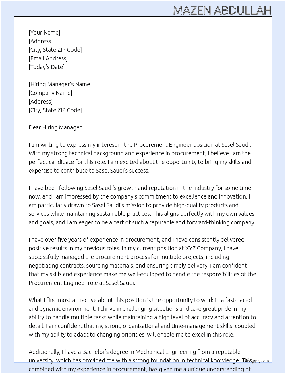 Procurement Engineer  At Sasel Saudi Cover Letter