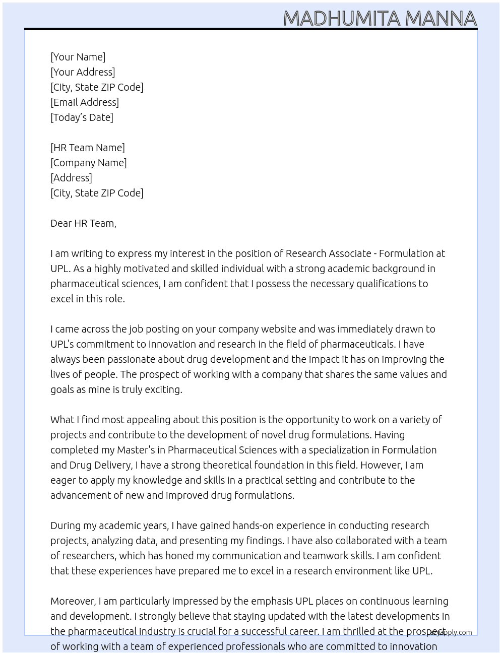 Research Associate - Formulation At UPL Cover Letter