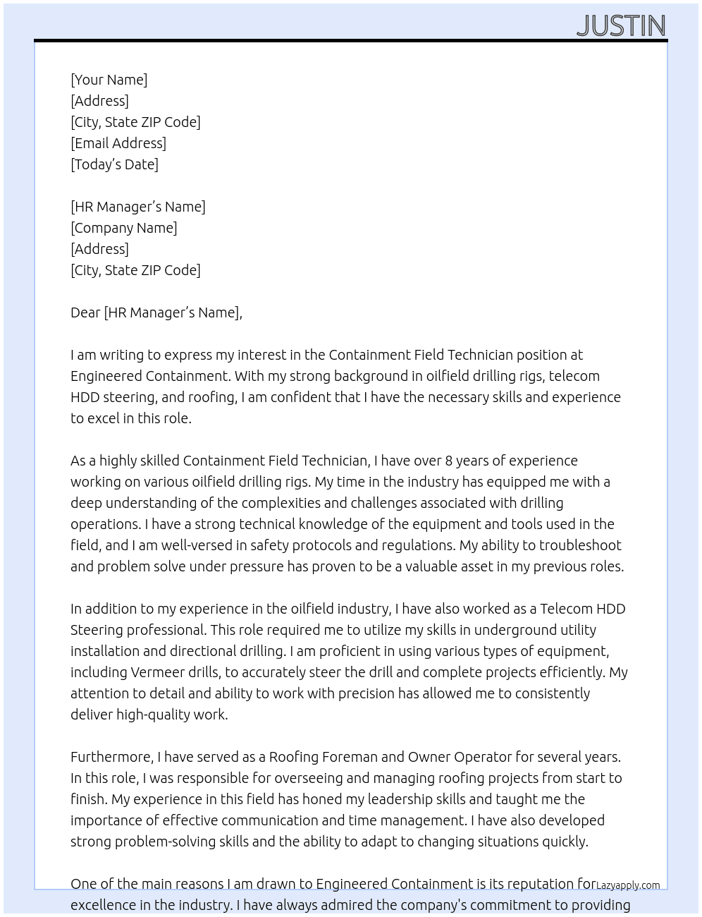 Containment field technician At Engineered Containment Cover Letter