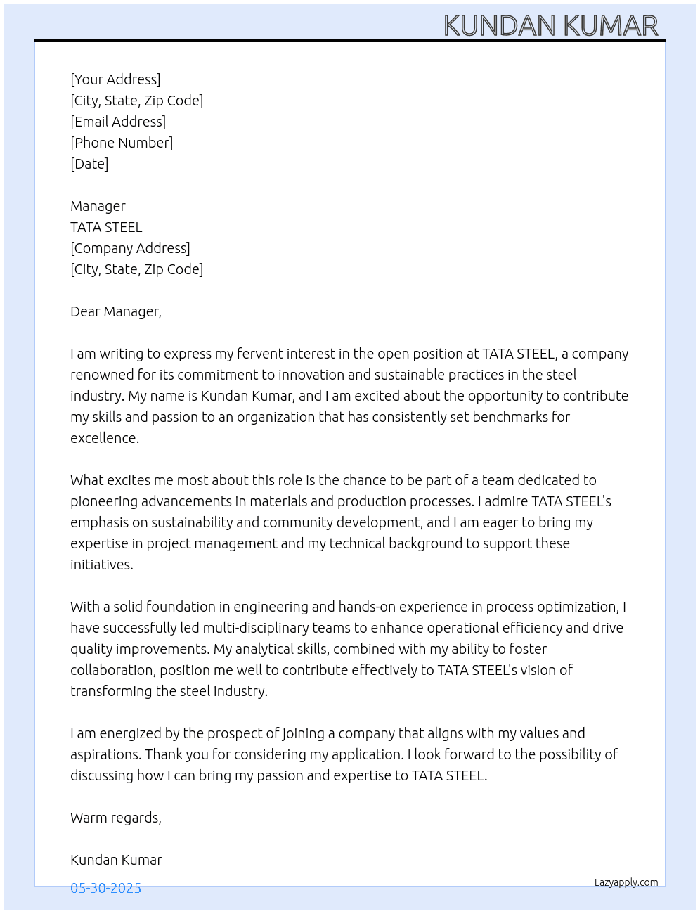 TATA STEEL At TATA STEEL Cover Letter