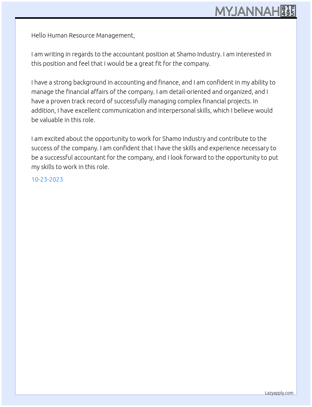 Accountant At Shamo Industry  Cover Letter