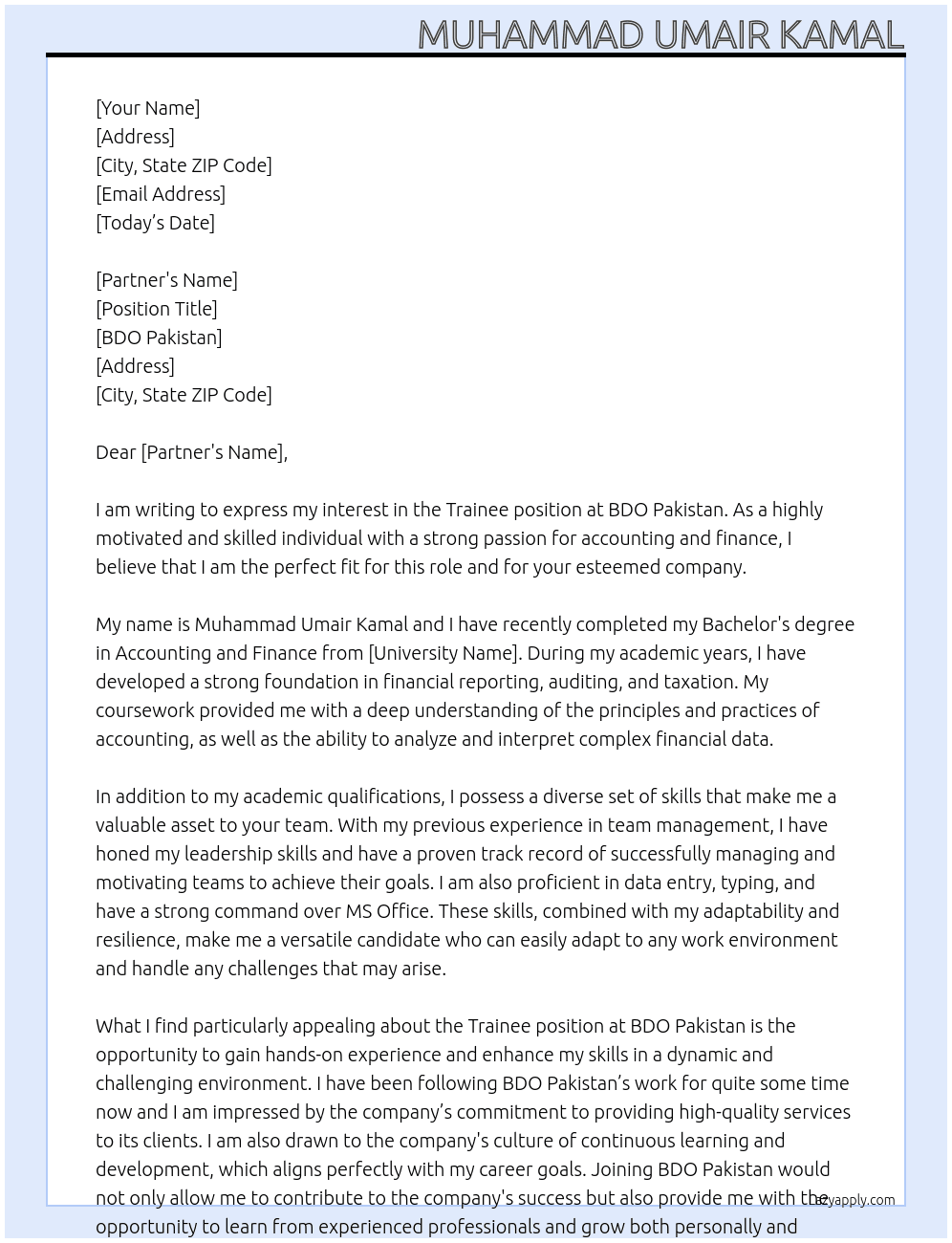 Trainee At BDO Pakistan Cover Letter