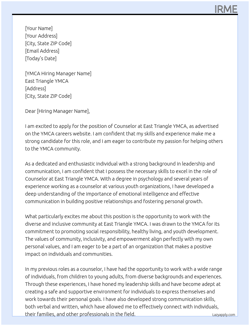 Counselor At East Triangle YMCA Cover Letter
