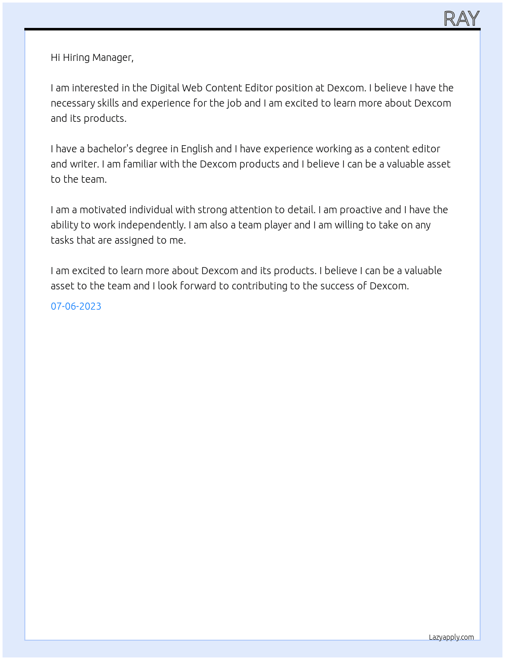 Digital Web Content Editor At Dexcom Cover Letter