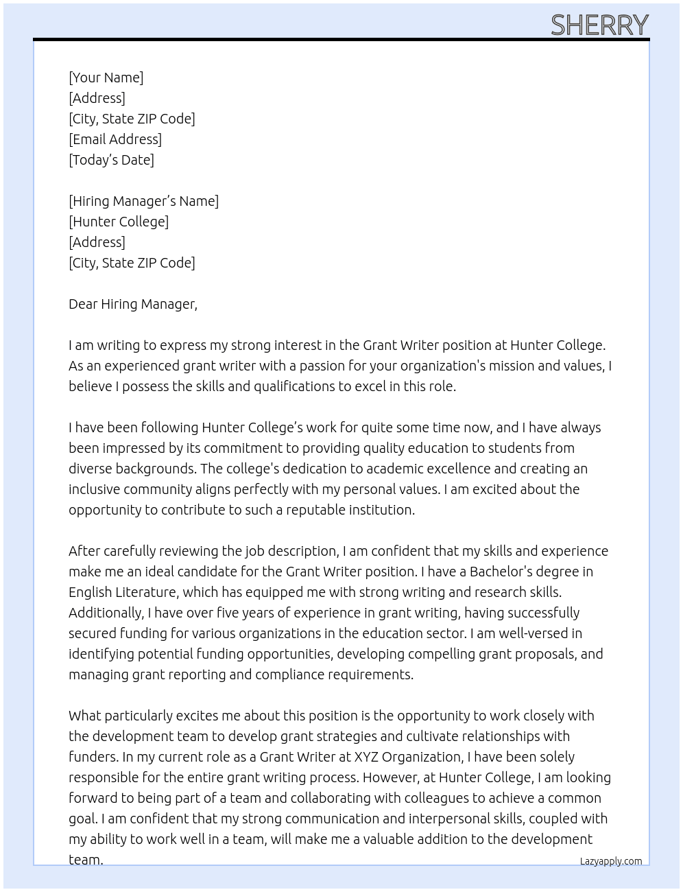 Grant Writer At Hunter College Cover Letter