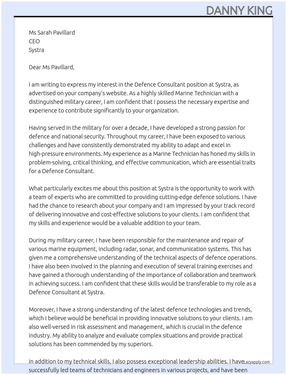 defence consultant At Systra  Cover Letter