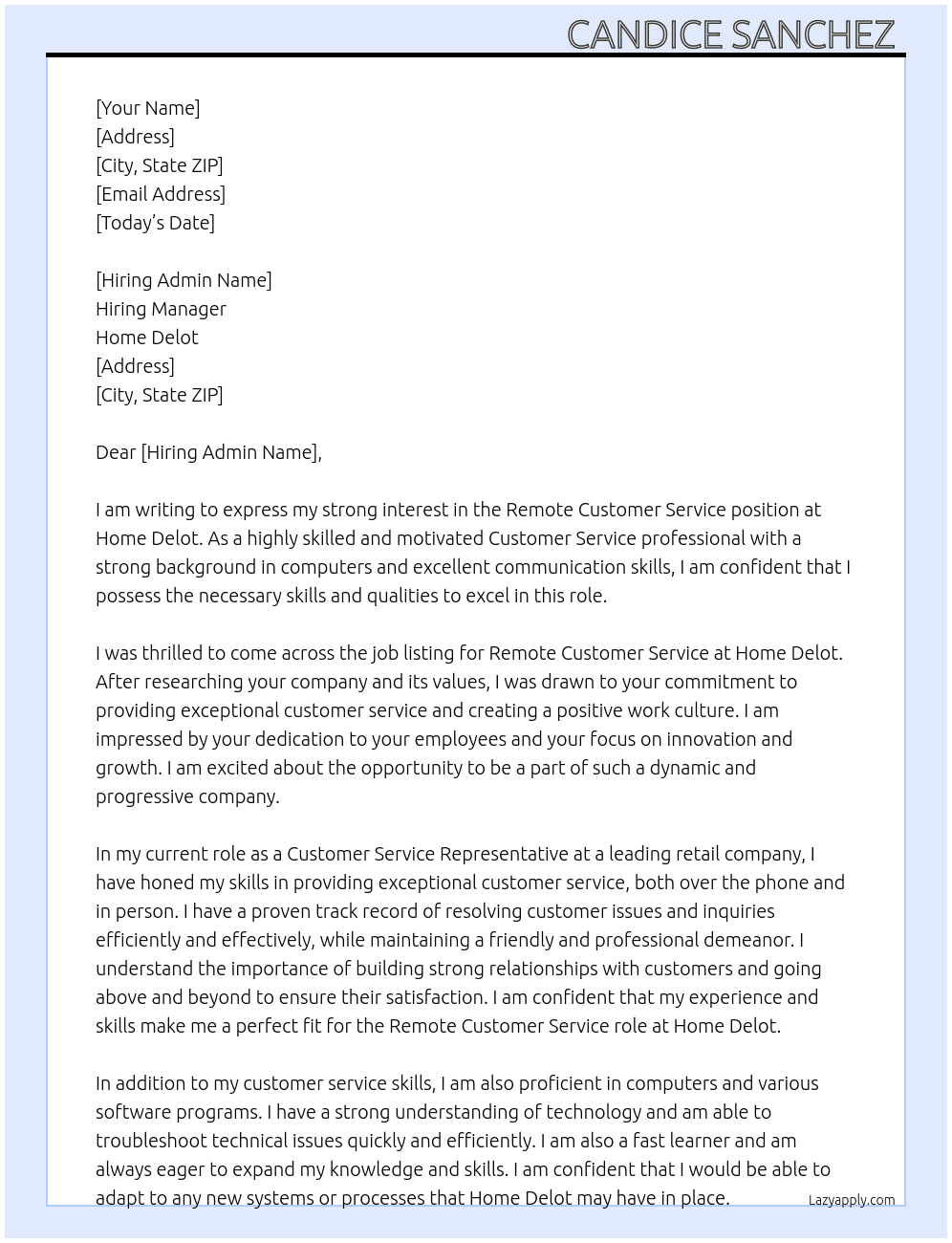 Remote Customer Service  At Home delot Cover Letter