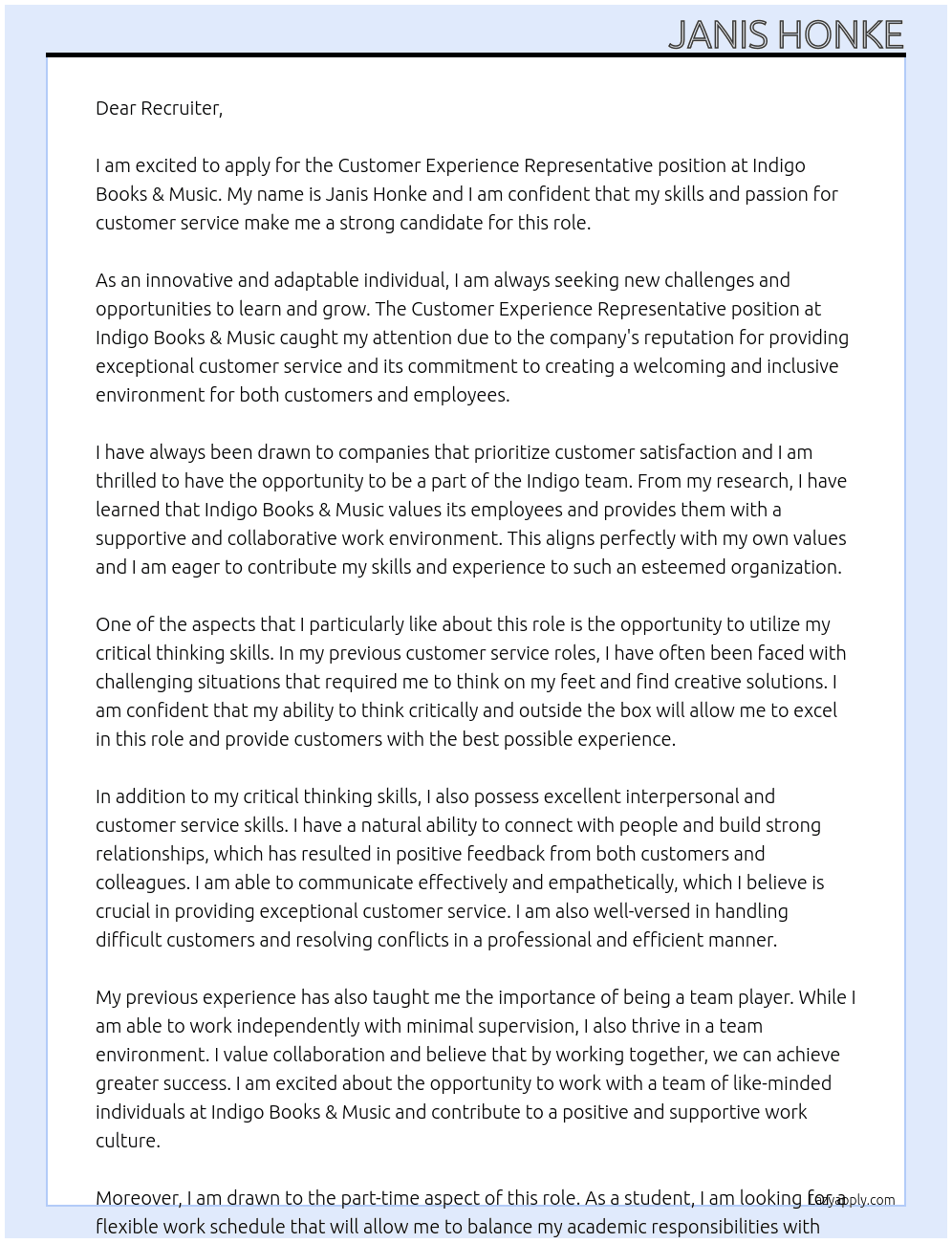 Customer Experience Representative At Indigo Books & Music Cover Letter