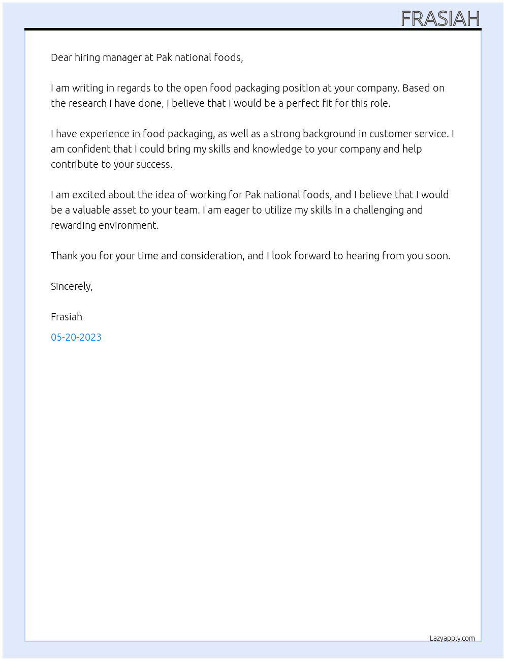 Food packaging  At Pak national foods Cover Letter