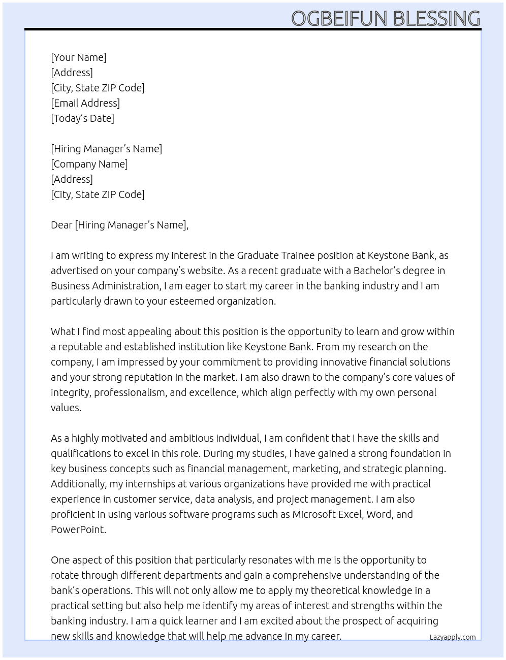 Graduatee Trainee At Keystone Bank Cover Letter