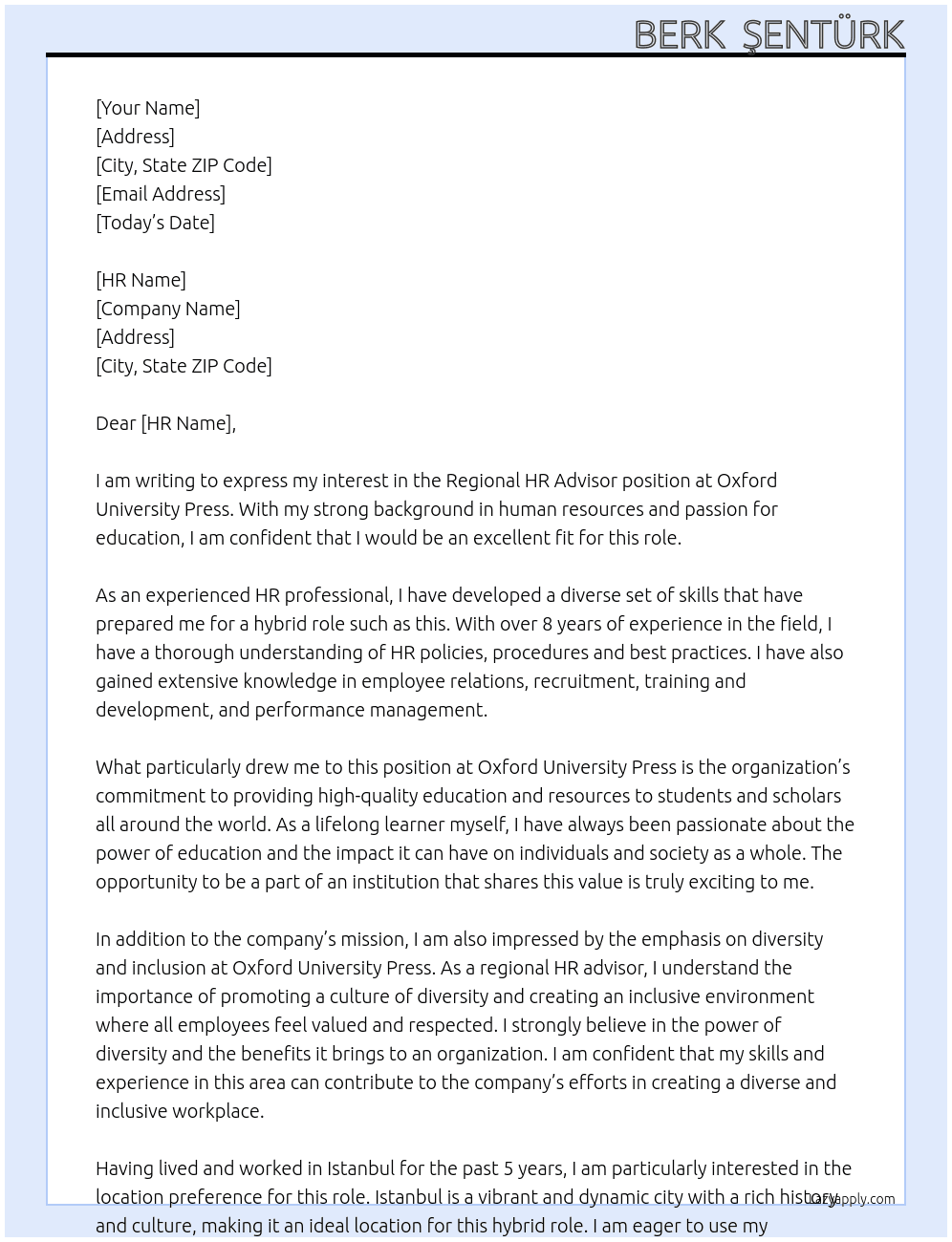 Regional HR Advisor At Oxford University Press  Cover Letter