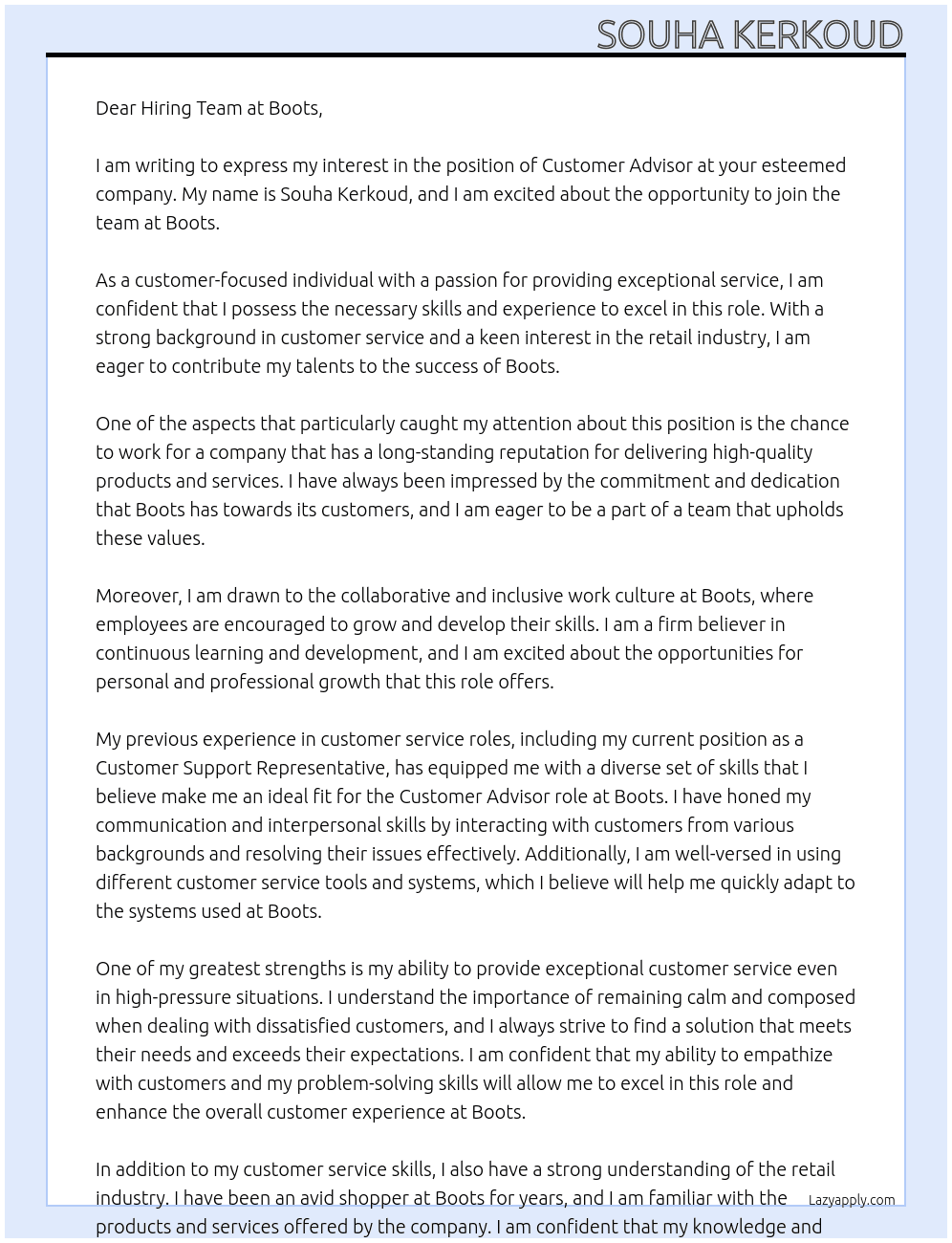 Customer Advisor  At Boots  Cover Letter