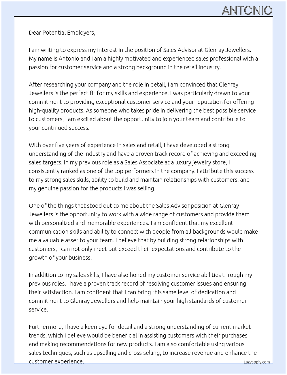 Sales Advisor At Glenray Jewellers Cover Letter