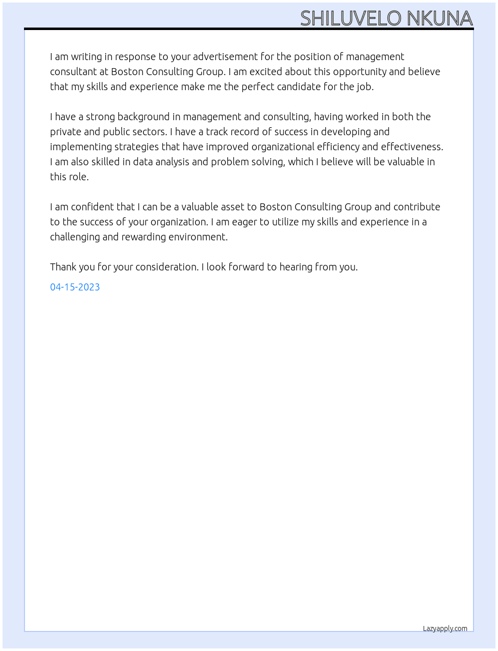 Management consultant At Boston Consulting group  Cover Letter