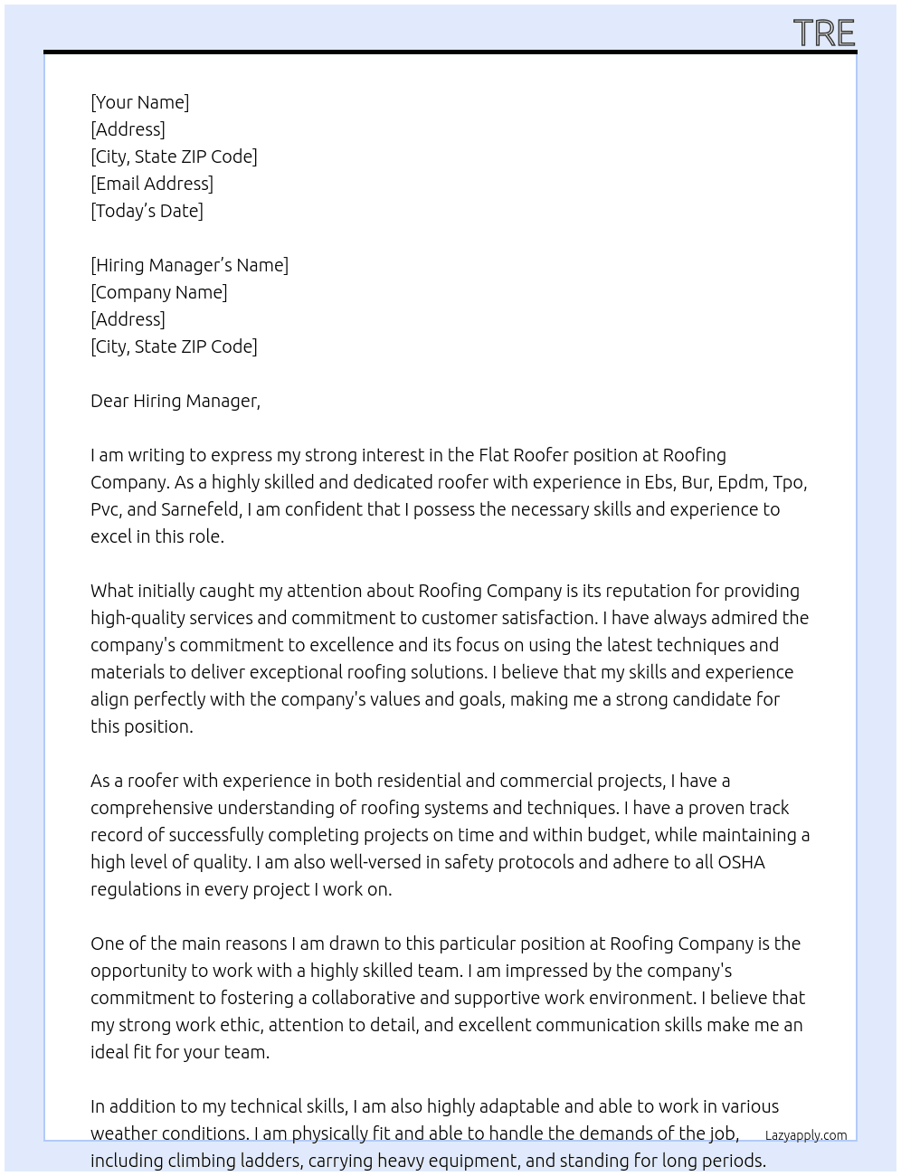 Flat roofer At Roofing company Cover Letter