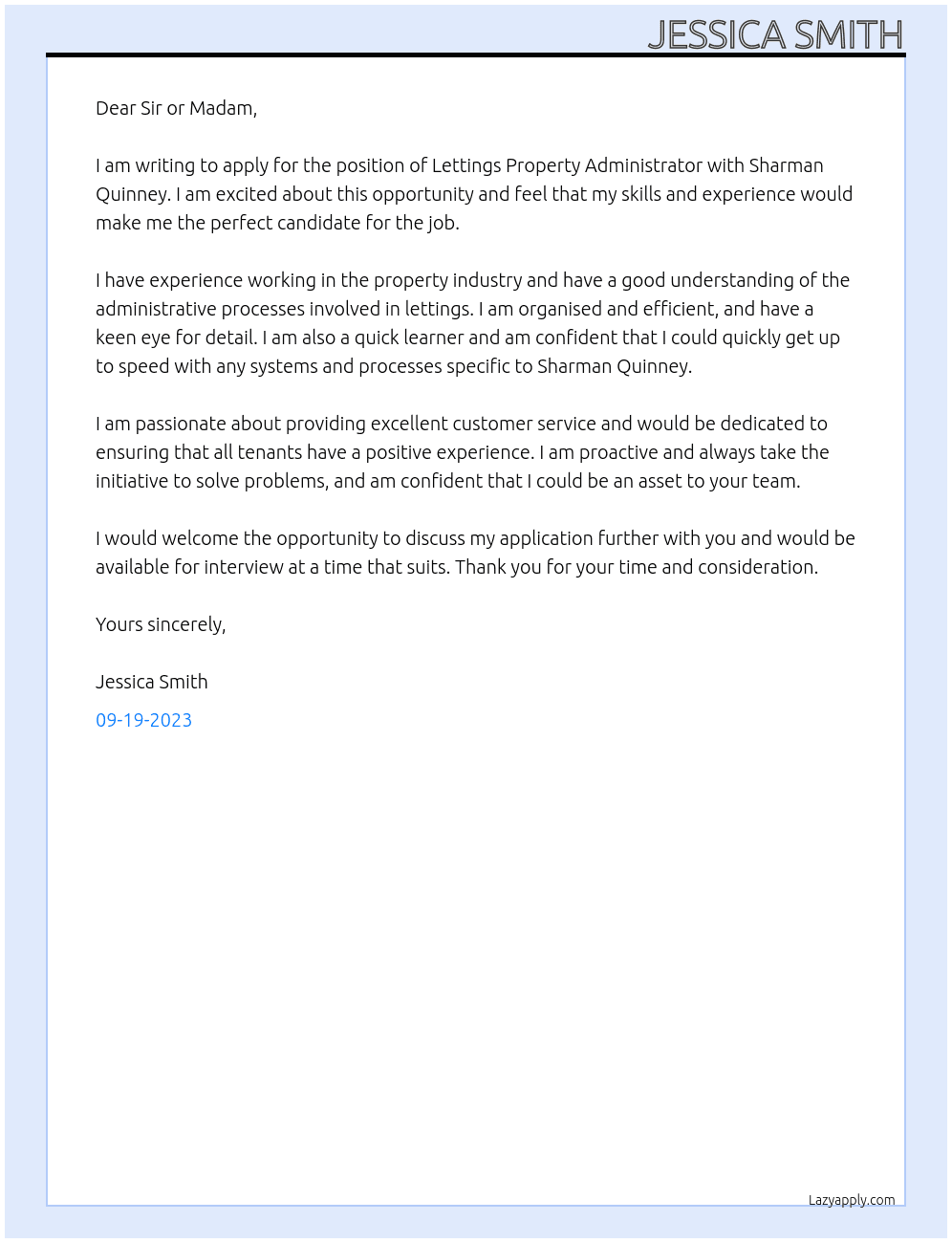 Lettings Property Administrator At Sharman Quinney Cover Letter