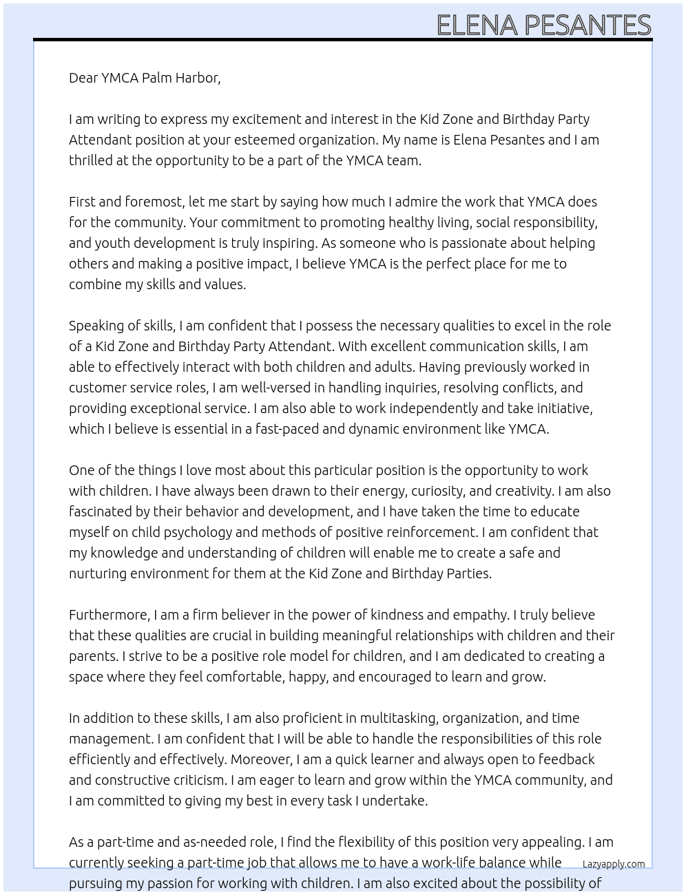 Kid Zone and Birthday Party Attendant  At YMCA Palm Harbor Cover Letter