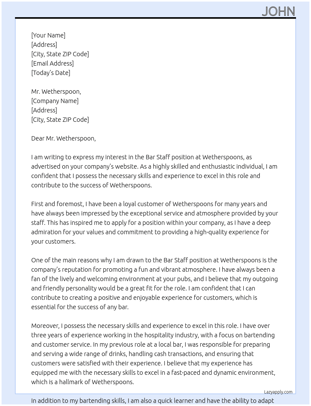 Bar Staff At Wetherspoons Cover Letter