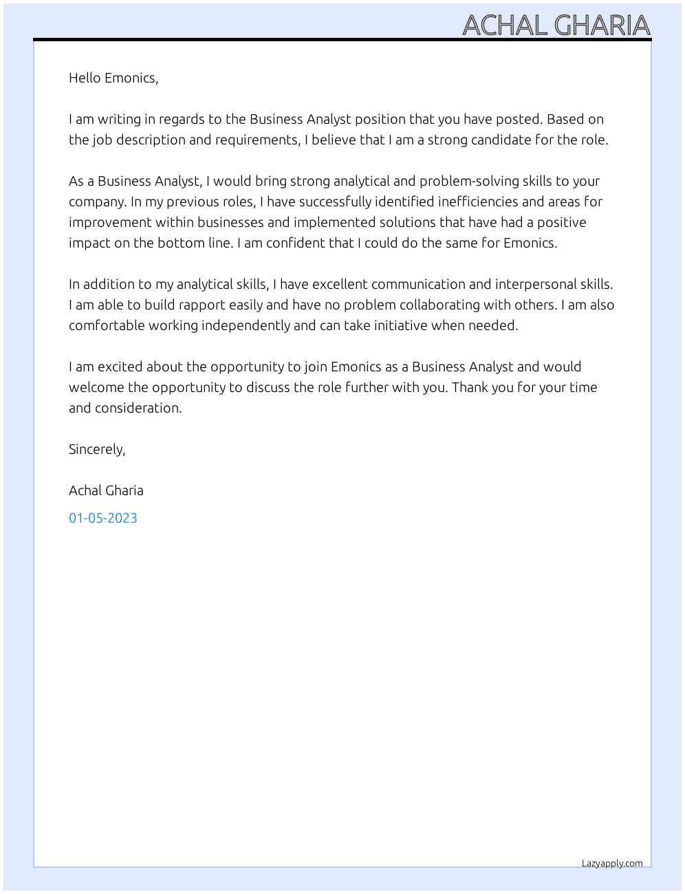 BUSINESS ANALYST At Emonics Cover Letter