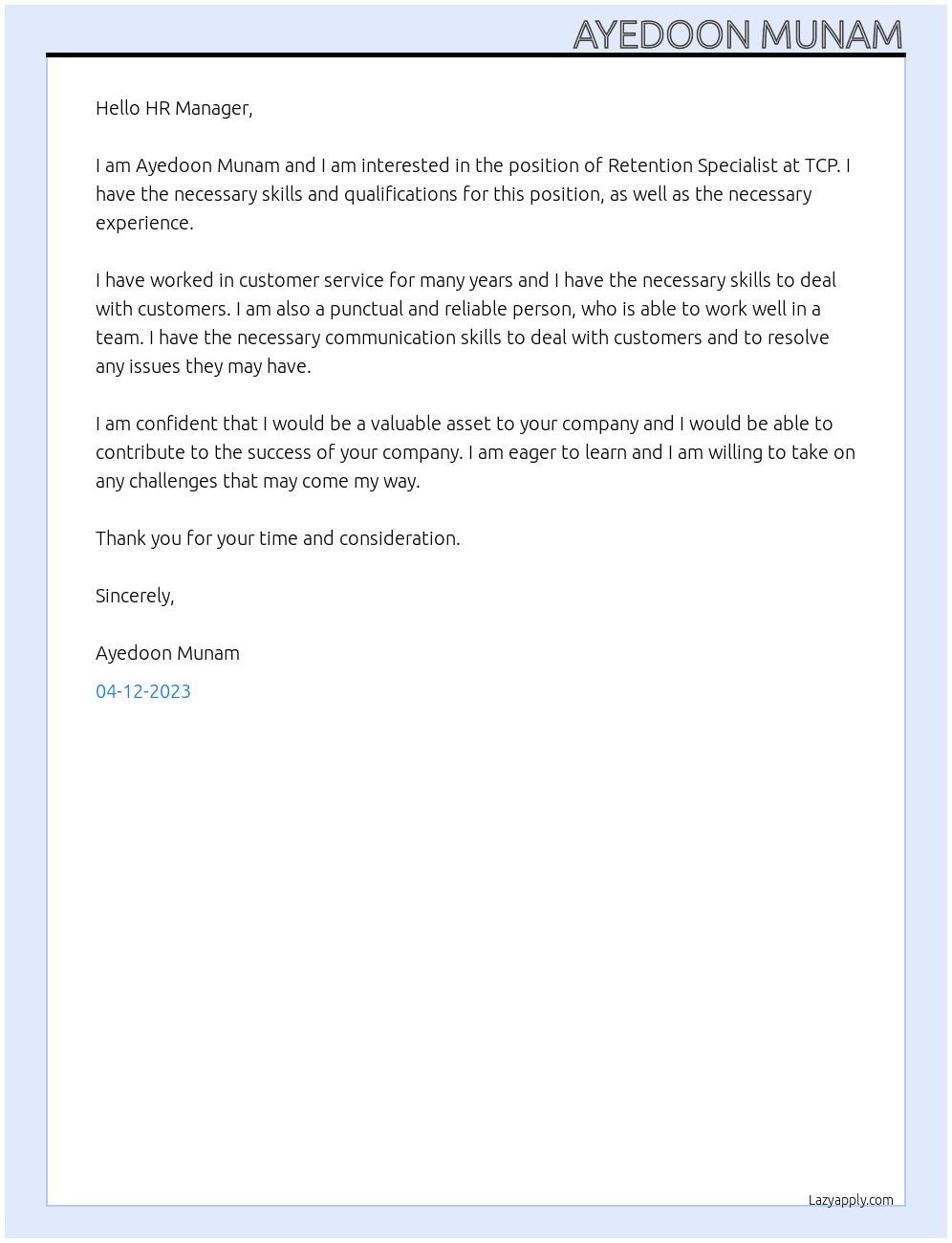 Retention Specialist  At TCP Cover Letter