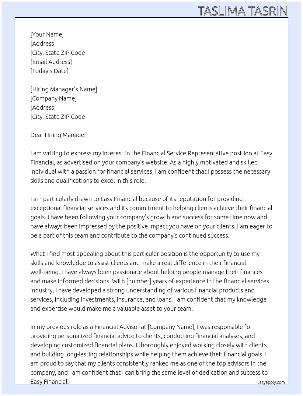 Financial Service Representative At Easy Financial Cover Letter
