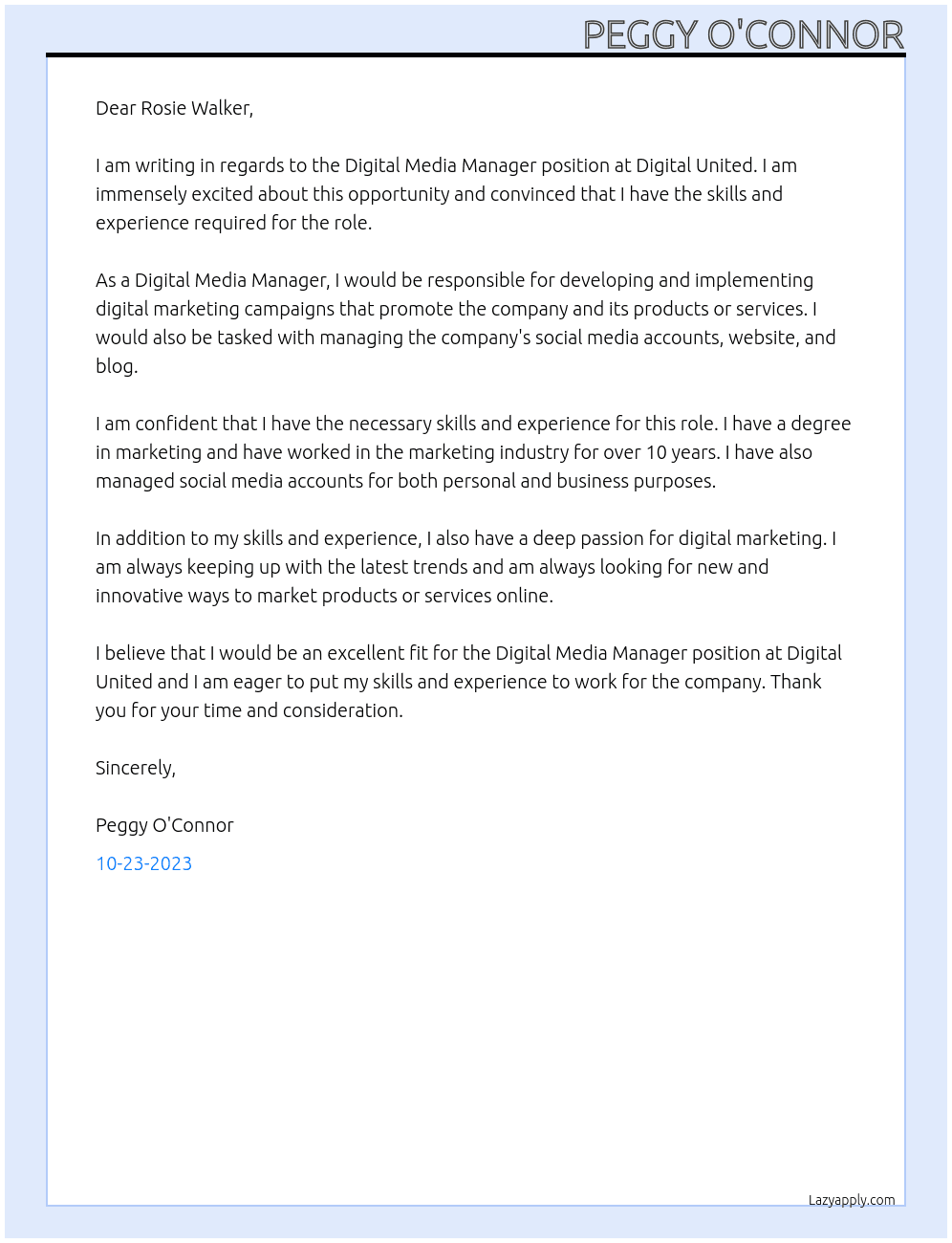 Digital Media Manager At Digital United Cover Letter