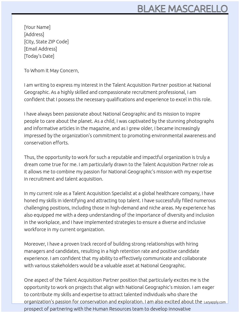 Talent Acquisition Partner At National Geographic  Cover Letter