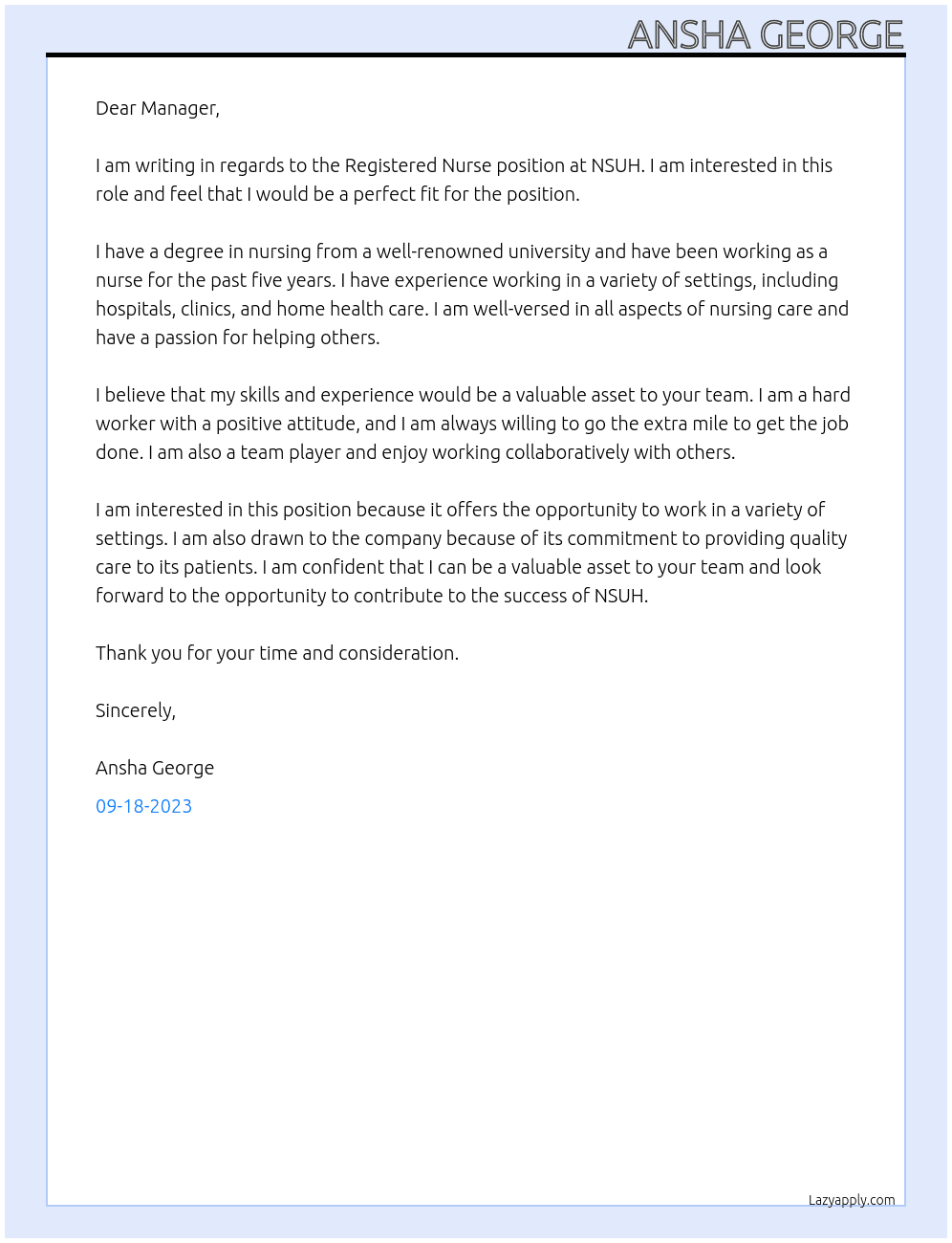 Registered Nurse At NSUH Cover Letter