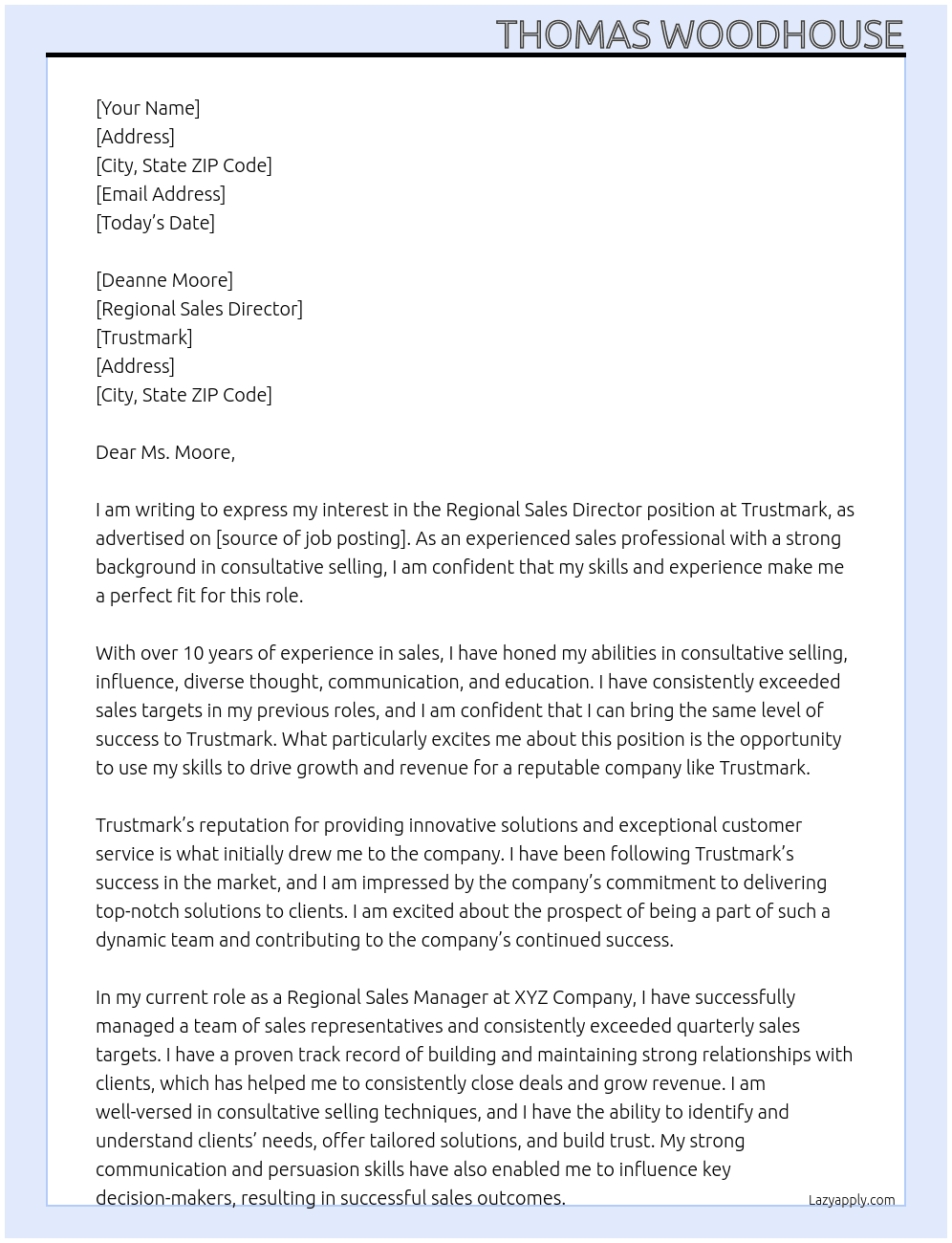 Regional Sales Director At Trustmark Cover Letter