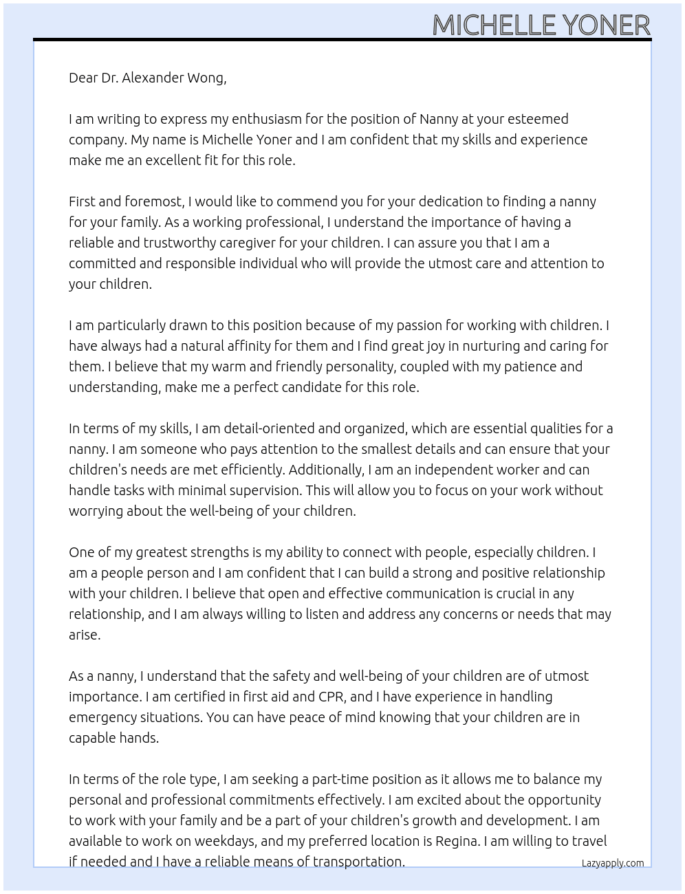 Nanny At Dr. Alexander Wong Cover Letter