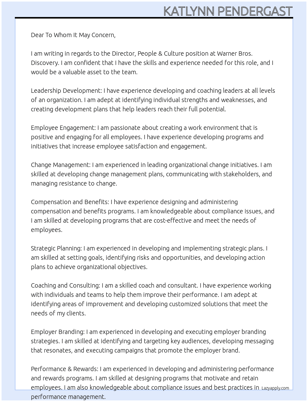 Director, People & Culture At Warner Bros. Discovery Cover Letter