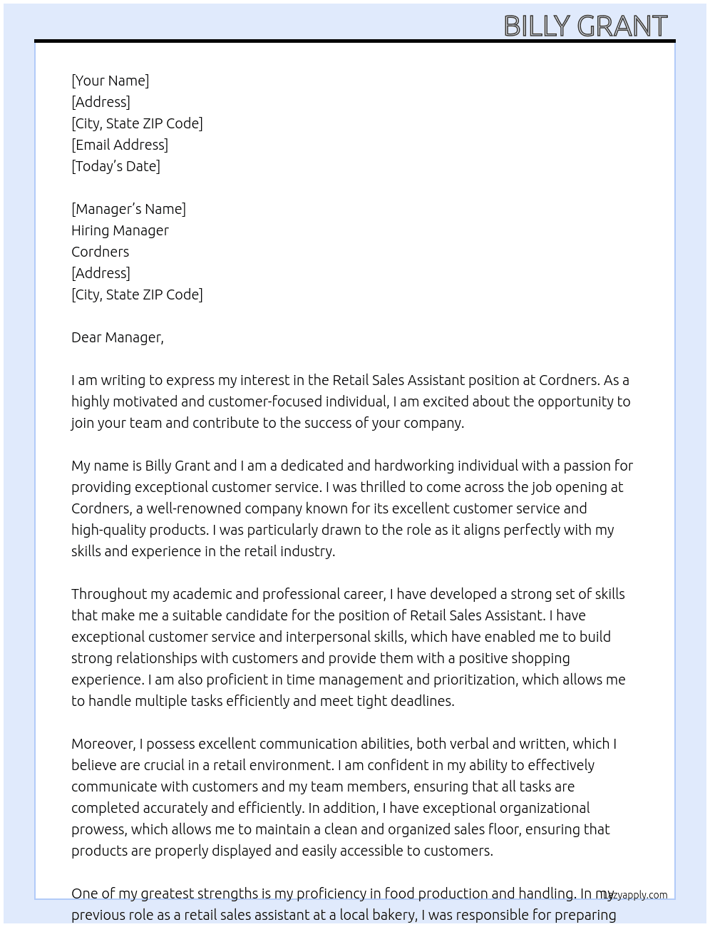 Retail sales assistant  At Cordners  Cover Letter